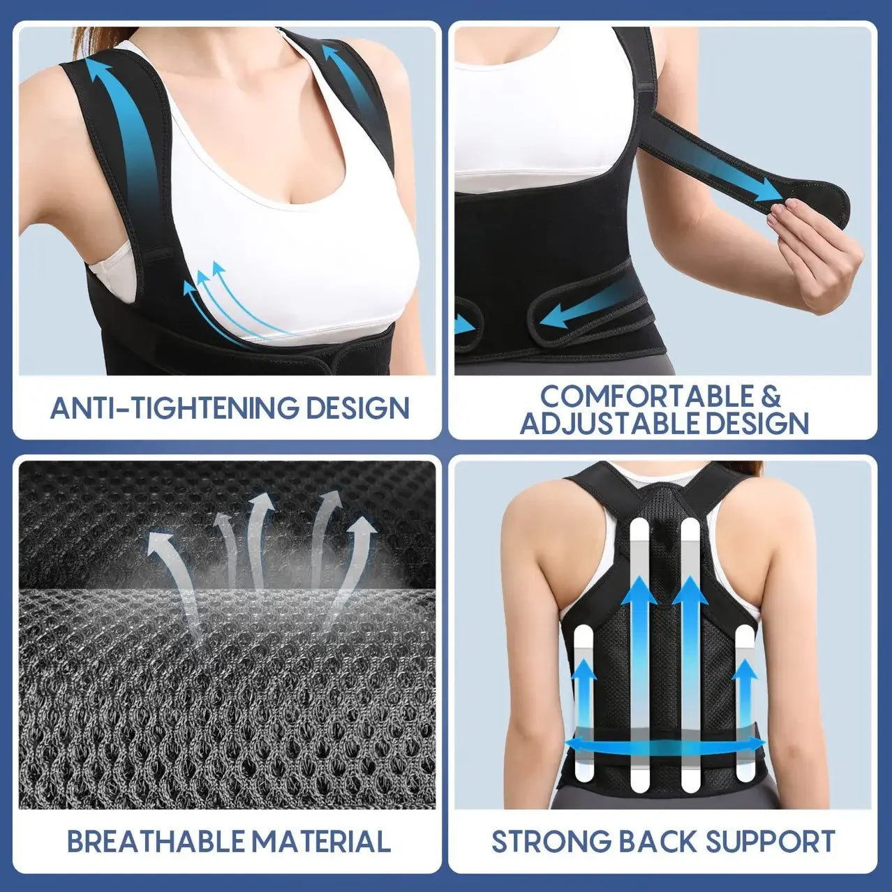 Black neoprene posture correction belt with adjustable straps for comfortable back support. 