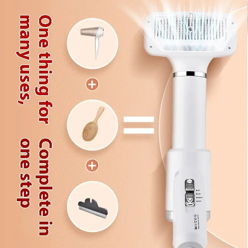 Pet hair dryer hot air comb in beige and blue – grooming brush for drying and removing fur from dogs and cats

