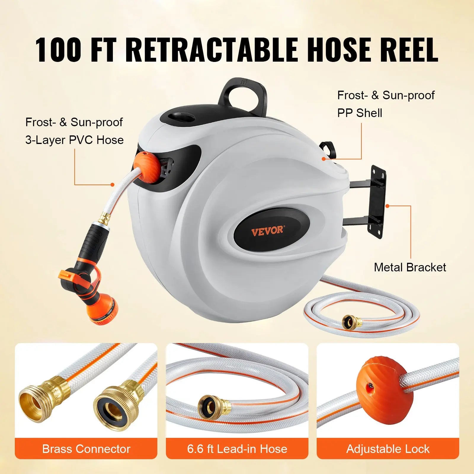 VEVOR Retractable Hose Reel with 9-Pattern Nozzle and Automatic Rewind, Wall-Mounted Garden Hose with Slow Return System