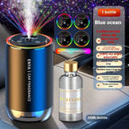 Car fragrance diffuser with starry sky light effect and perfume bottle on a car dashboard.