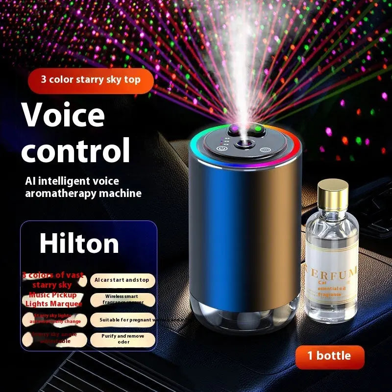 Aromatherapy machine with colorful starry sky effect and a bottle of perfume.