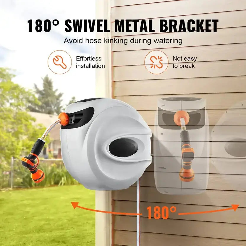 VEVOR Retractable Hose Reel with 9-Pattern Nozzle and Automatic Rewind, Wall-Mounted Garden Hose with Slow Return System