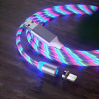Magnetic charging cable with LED light, nylon braided, 3-in-1 USB connector for Type-C, Micro USB, and Lightning devices