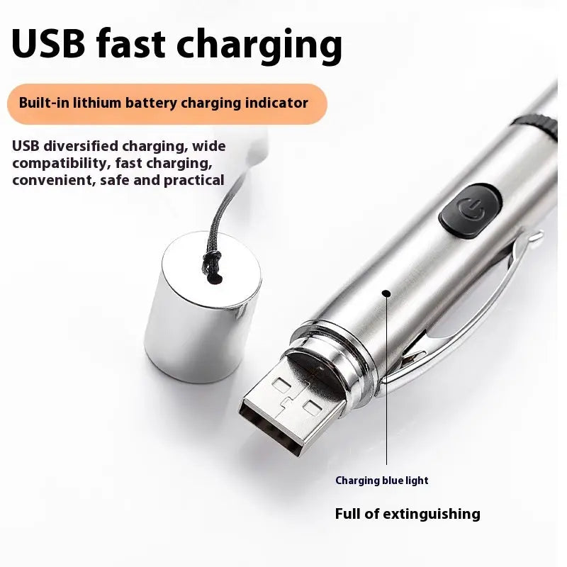 Charging projection cat teasing flashlight with red and green light projections, made from durable stainless steel for interactive play with pets