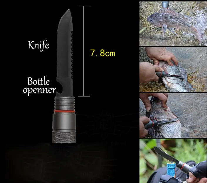 Multifunctional tool with knife and bottle opener, shown with measurements and usage examples.