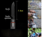 Multifunctional tool with knife and bottle opener, shown with measurements and usage examples.