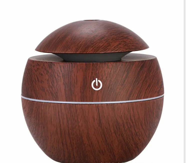 Wood grain aroma diffuser and USB air humidifier with colored lights for desktop or office use