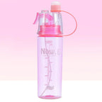 Close-up of leakproof water bottle with mist spray function and scale markings, ideal as a travel spray bottle