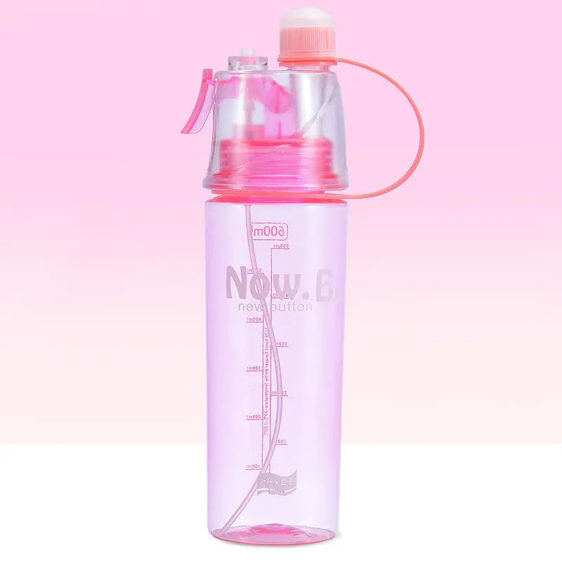 Close-up of leakproof water bottle with mist spray function and scale markings, ideal as a travel spray bottle