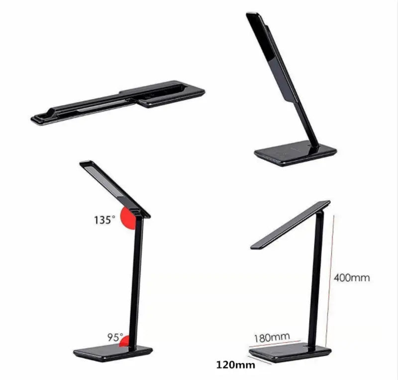 LED folding desk lamp with wireless charging for Huawei & Apple devices, adjustable color temperature, and touch control functionality