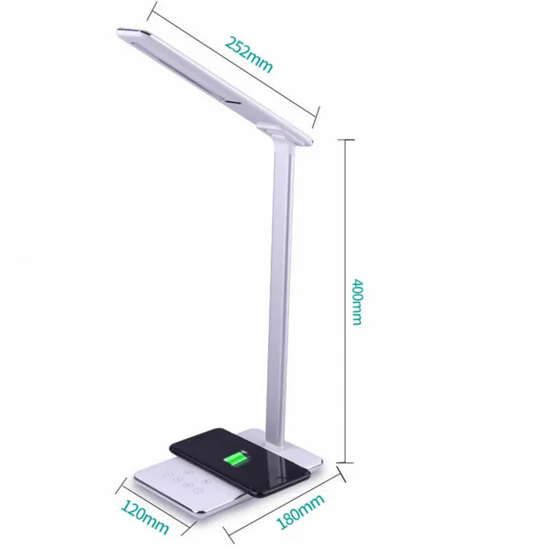 LED folding desk lamp with wireless charging for Huawei & Apple devices, adjustable color temperature, and touch control functionality