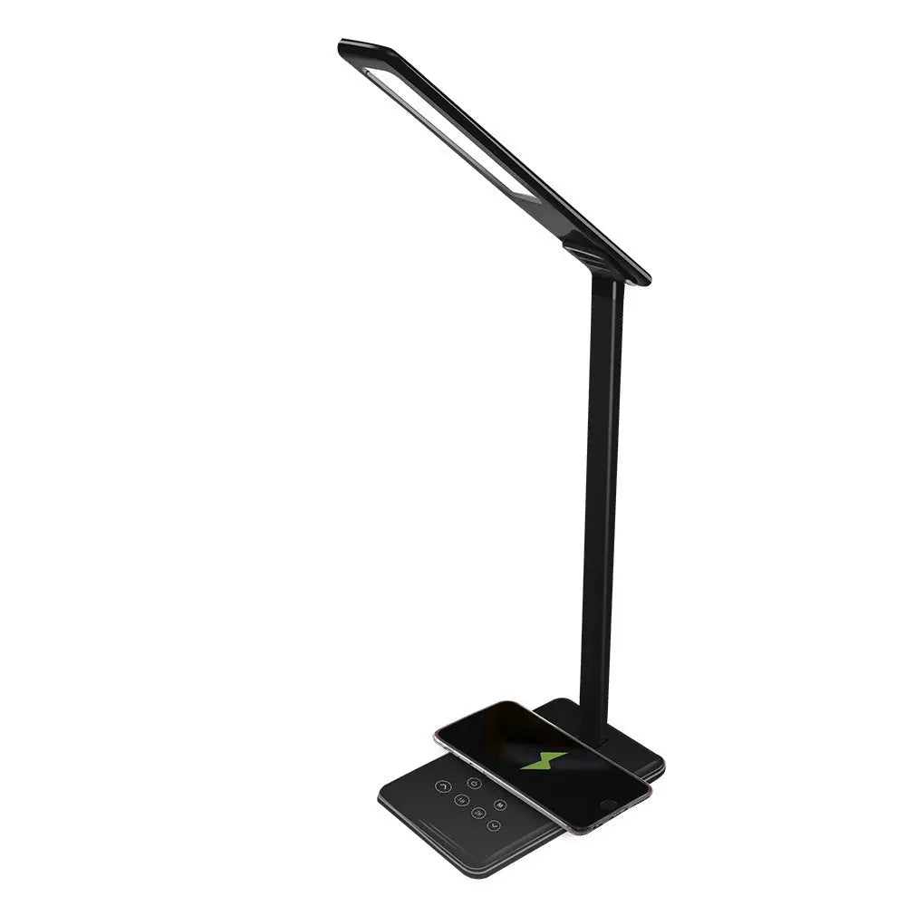 LED folding desk lamp with wireless charging for Huawei & Apple devices, adjustable color temperature, and touch control functionality