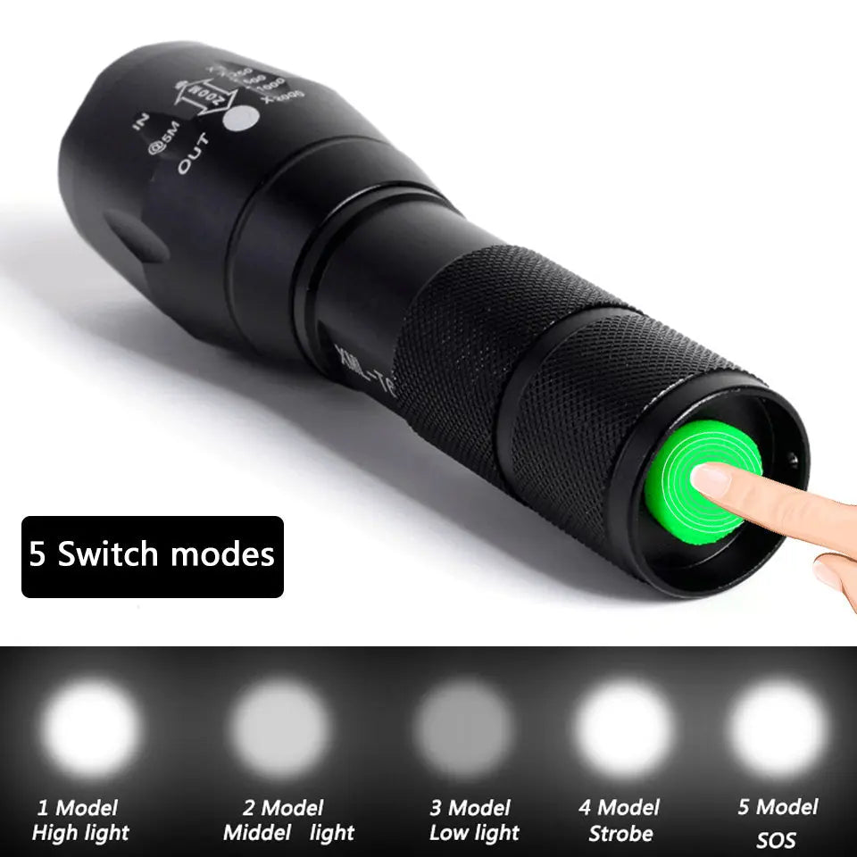 Rechargeable strong light flashlight with optical convex lens, telescopic focus, 5 light modes, and waterproof design, perfect for self-defense, camping, and outdoor use