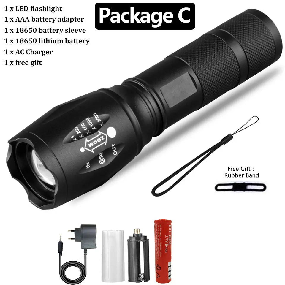 Rechargeable strong light flashlight with optical convex lens, telescopic focus, 5 light modes, and waterproof design, perfect for self-defense, camping, and outdoor use