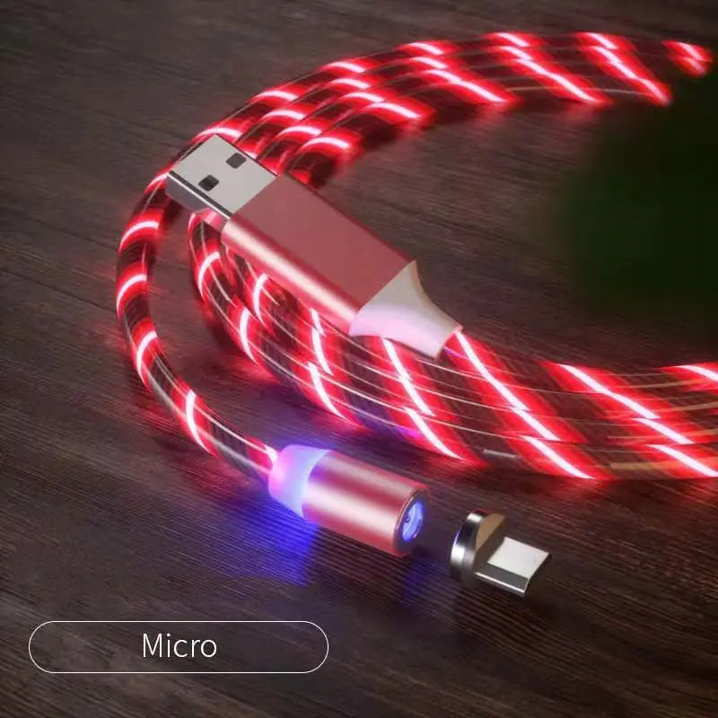 Magnetic charging cable with LED light, nylon braided, 3-in-1 USB connector for Micro USB, and Lightning devices