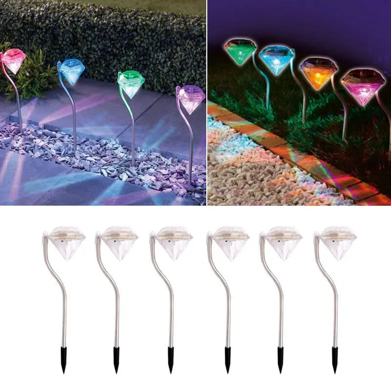Solar-powered garden diamond light, available in white or multicolor, ideal for outdoor, yard, and fence decoration, IP55 waterproof, energy-efficient