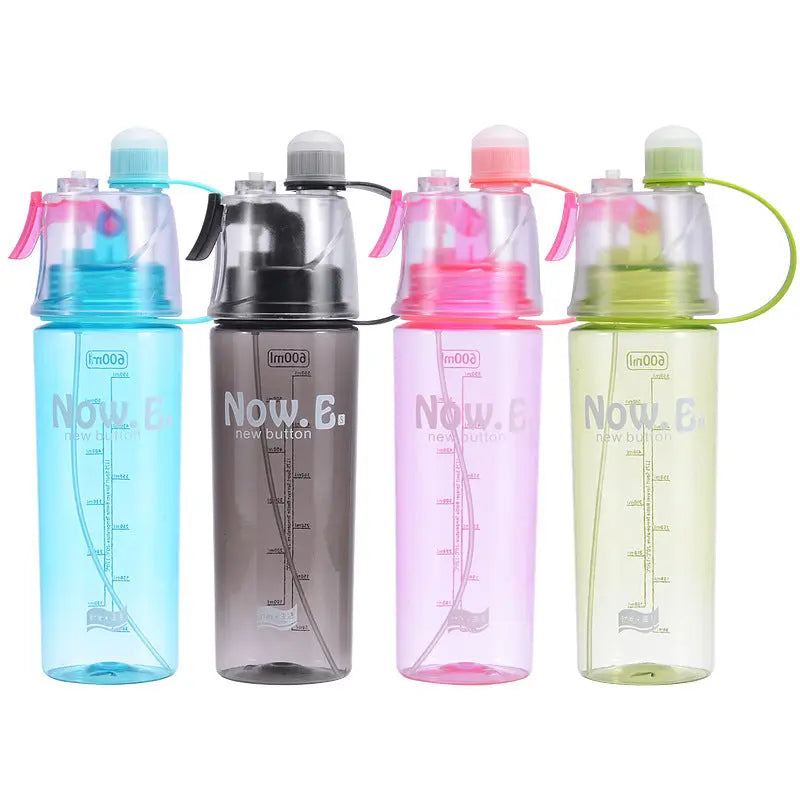 Sports-style leakproof water bottle with mist nozzle, suitable for hiking or travel