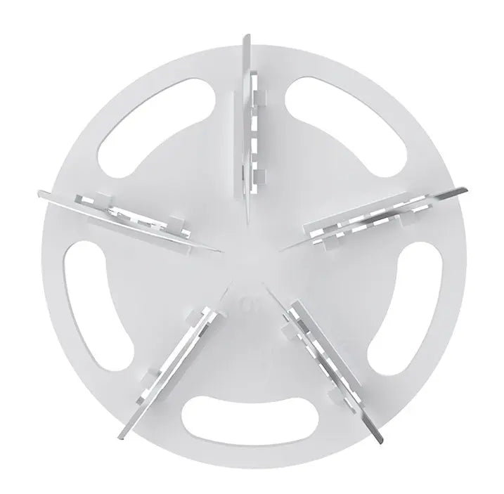 Round metal bracket with multiple arms- Rechargeable white fabric shaver with plastic case – portable lint and fuzz remover for sweaters and clothes

