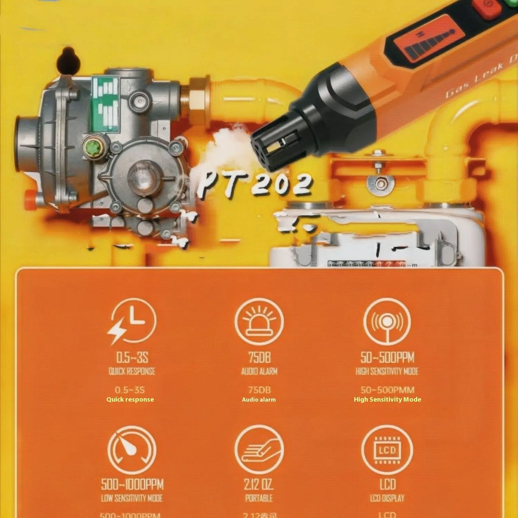 Close-up of gas leak detection device with AAA batteries and case