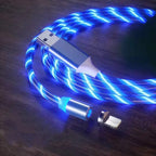 Magnetic charging cable with LED light, nylon braided, 3-in-1 USB connector for Type-C, Micro USB, and Lightning devices