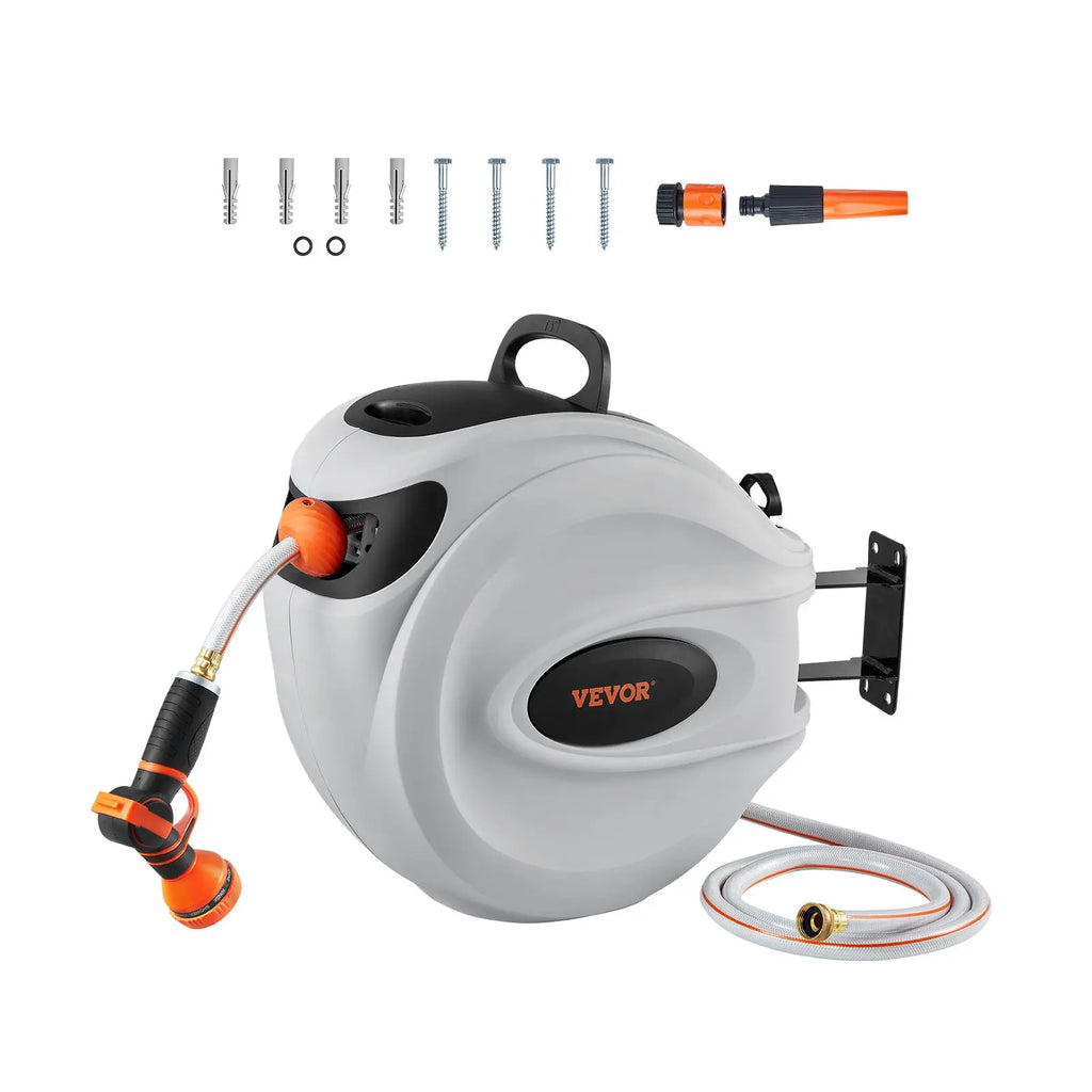 VEVOR Retractable Hose Reel with 9-Pattern Nozzle and Automatic Rewind, Wall-Mounted Garden Hose with Slow Return System