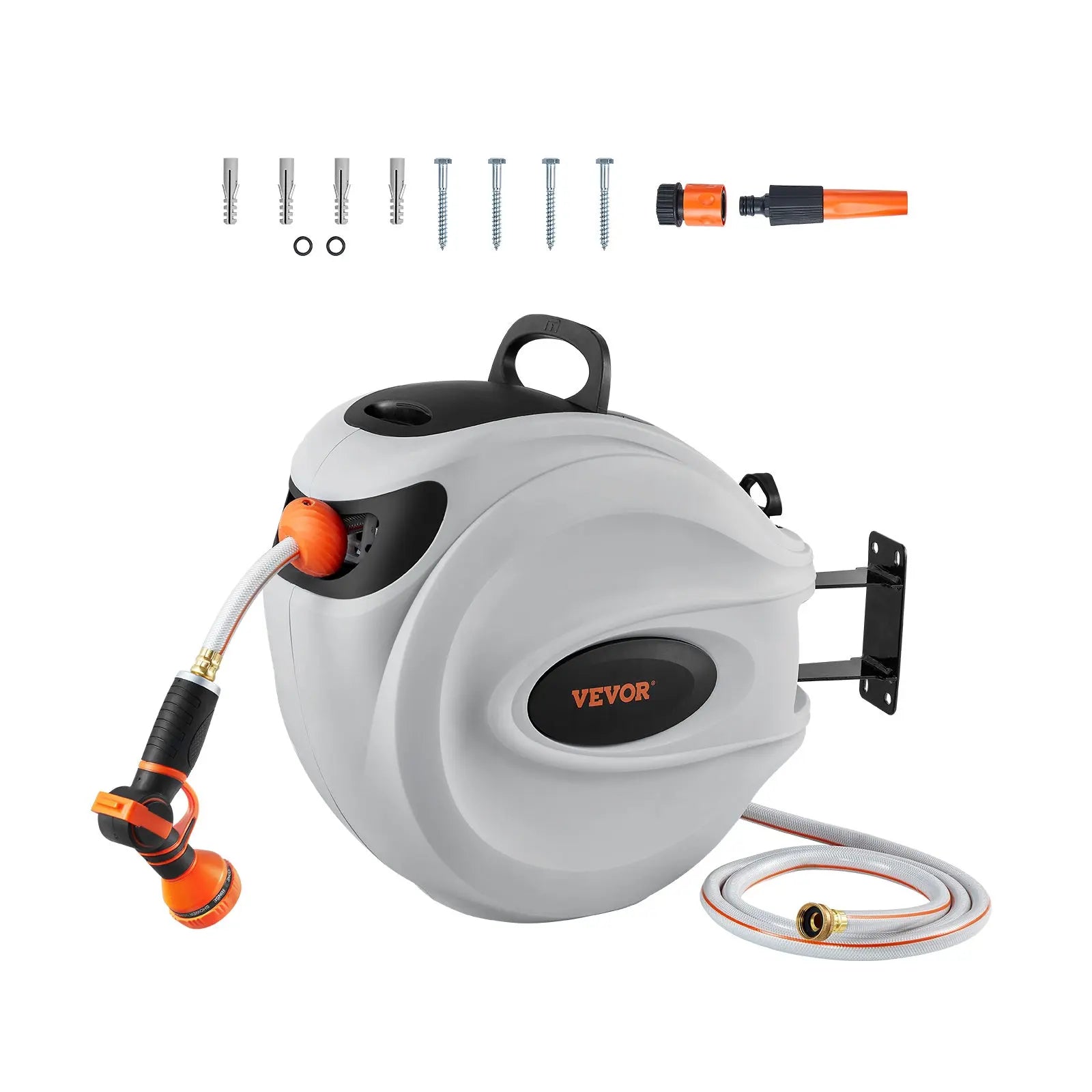 VEVOR Retractable Hose Reel with 9-Pattern Nozzle and Automatic Rewind, Wall-Mounted Garden Hose with Slow Return System