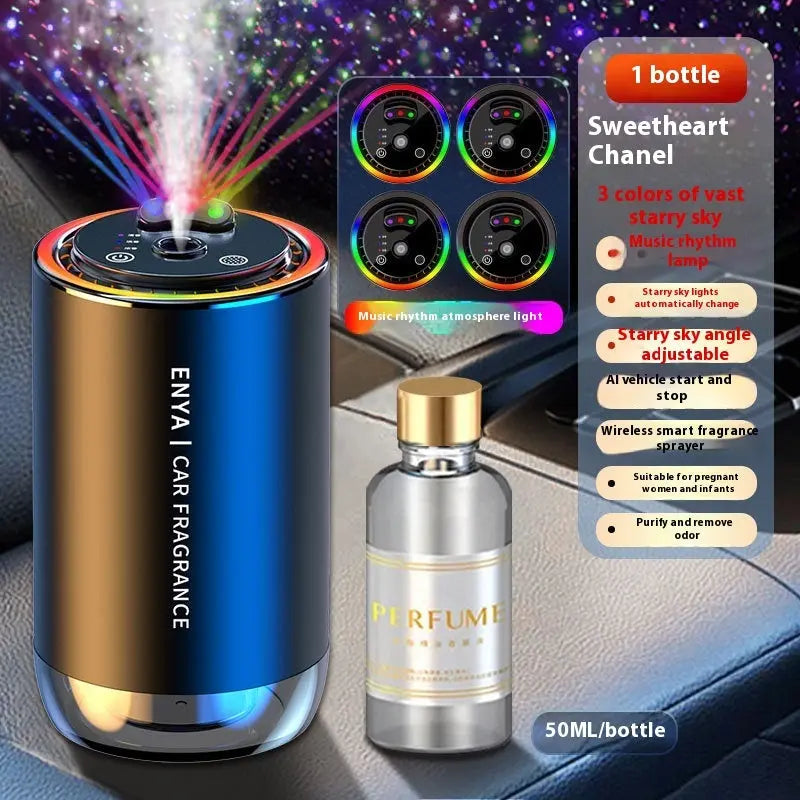 Car fragrance diffuser with colorful light effects and a perfume bottle on a car dashboard.