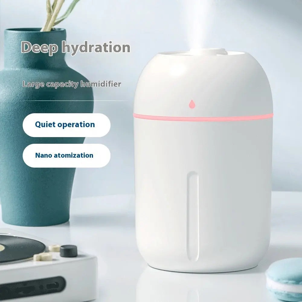 330ml mini USB humidifier in white, pink, and green – ultrasonic desktop mist diffuser for bedroom or office use