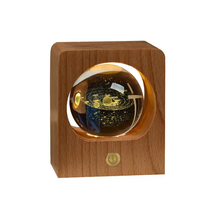 Beech Crystal Ball Night Light with 3D Laser Engraving of Elk and Jellyfish, USB Dimmable Lamp for Bedroom Decoration