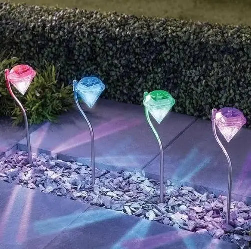 Solar-powered garden diamond light, available in white or multicolor, ideal for outdoor, yard, and fence decoration, IP55 waterproof, energy-efficient