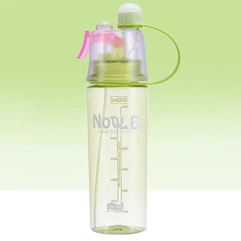 Portable spray bottle with measurement scale, leakproof lid, and color options displayed