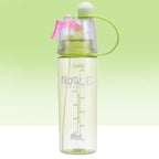 Portable spray bottle with measurement scale, leakproof lid, and color options displayed