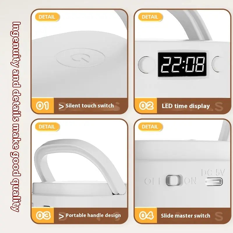 Close-up of tri-color lighting options (warm, cool, natural) for the LED table lamp