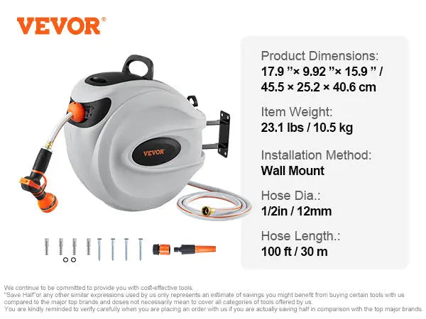 VEVOR Retractable Hose Reel with 9-Pattern Nozzle and Automatic Rewind, Wall-Mounted Garden Hose with Slow Return System