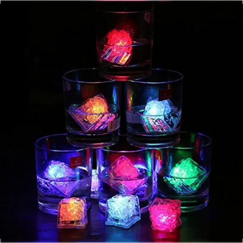 Colorful LED light ice cubes for drinks, square-shaped, battery-powered, perfect for adding a glowing effect to any beverage