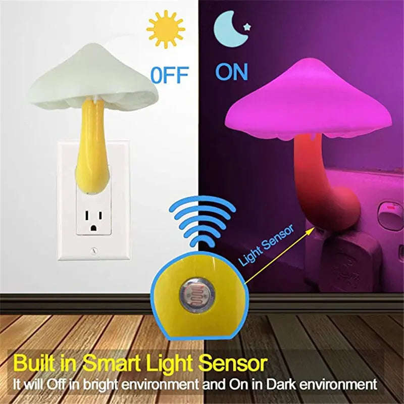 LED mushroom night light with light-control sensor, warm yellow light, EU US plug for bedroom, bathroom, and home decor