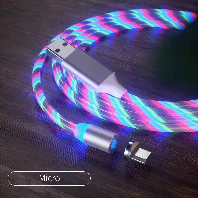 Magnetic charging cable with LED light, nylon braided, 3-in-1 USB connector for Micro USB, and Lightning devices