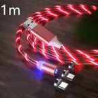 Magnetic charging cable with LED light, nylon braided, 3-in-1 USB connector for Type-C, Micro USB, and Lightning devices