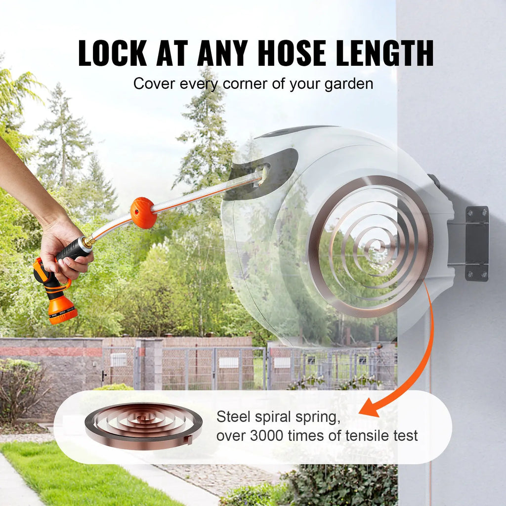 VEVOR Retractable Hose Reel with 9-Pattern Nozzle and Automatic Rewind, Wall-Mounted Garden Hose with Slow Return System