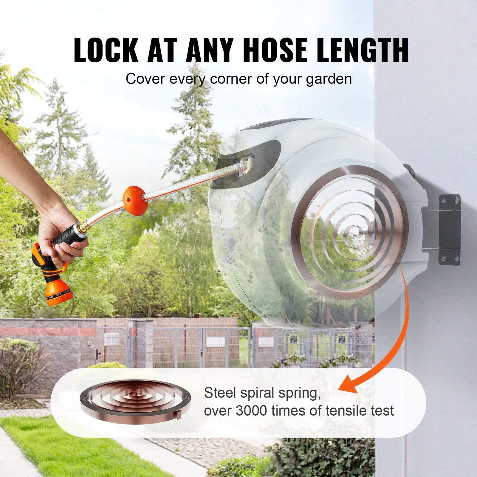 VEVOR Retractable Hose Reel with 9-Pattern Nozzle and Automatic Rewind, Wall-Mounted Garden Hose with Slow Return System