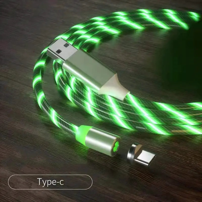 Magnetic charging cable with LED light, nylon braided, 3-in-1 USB connector for Type-C and Lightning devices