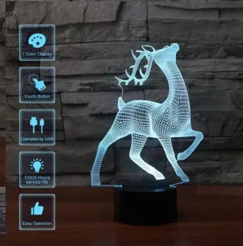 Deer 3D 7-color LED night light with touch and remote control, perfect for home decor and mood lighting

