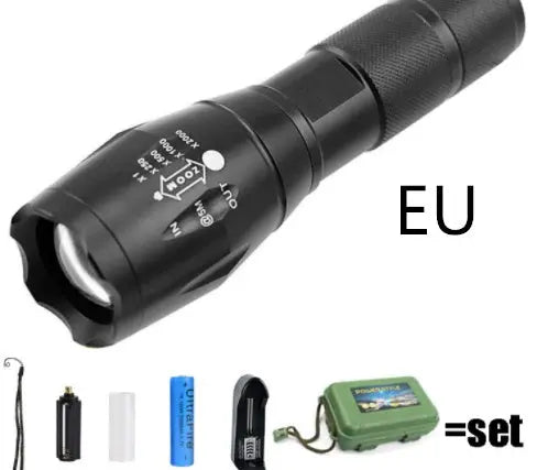 Rechargeable strong light flashlight with optical convex lens, telescopic focus, 5 light modes, and waterproof design, perfect for self-defense, camping, and outdoor use