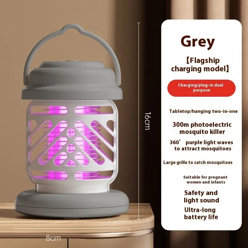 Gray mosquito killer lamp with specifications on a beige background