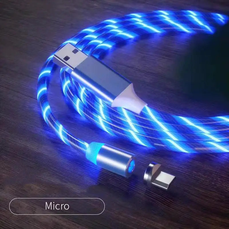 Magnetic charging cable with LED light, nylon braided, 3-in-1 USB connector for Type-C, Micro USB, and Lightning devices