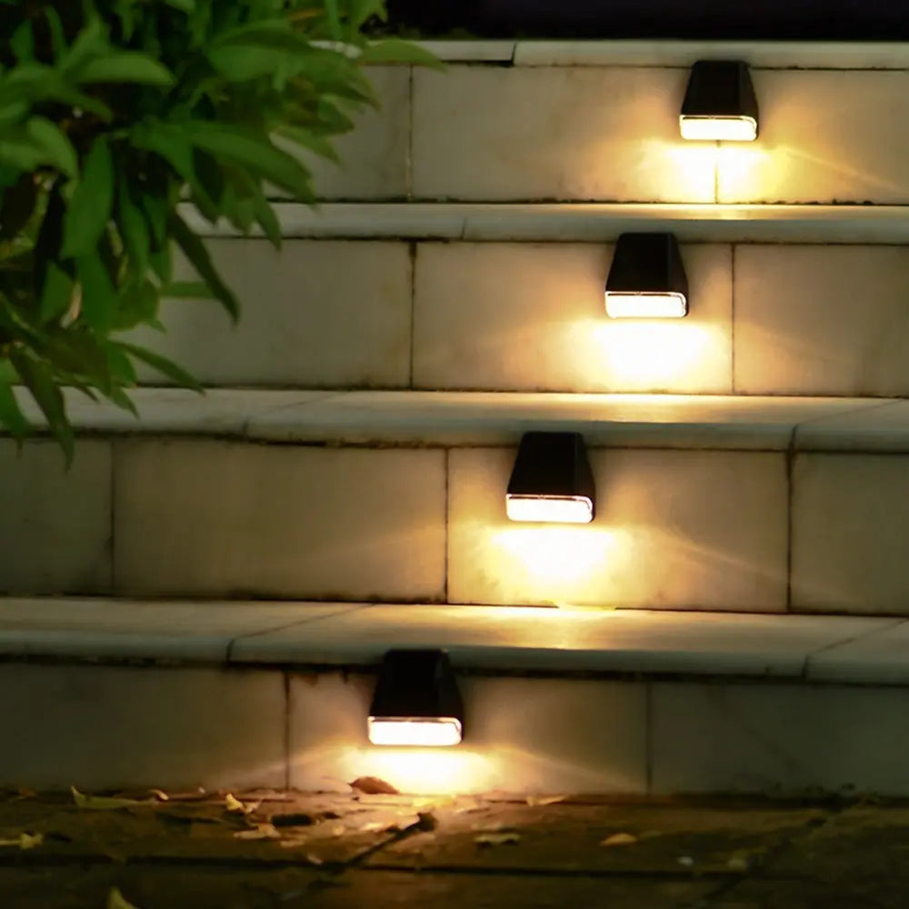 Solar outdoor LED wall light with rainproof design, ideal for courtyard, garden, stairs, and fence lighting

