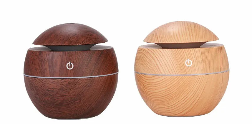 Wood grain aroma diffuser and USB air humidifier with colored lights for desktop or office use