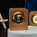 Beech Crystal Ball Night Light with 3D Laser Engraving of Elk and Jellyfish, USB Dimmable Lamp for Bedroom Decoration