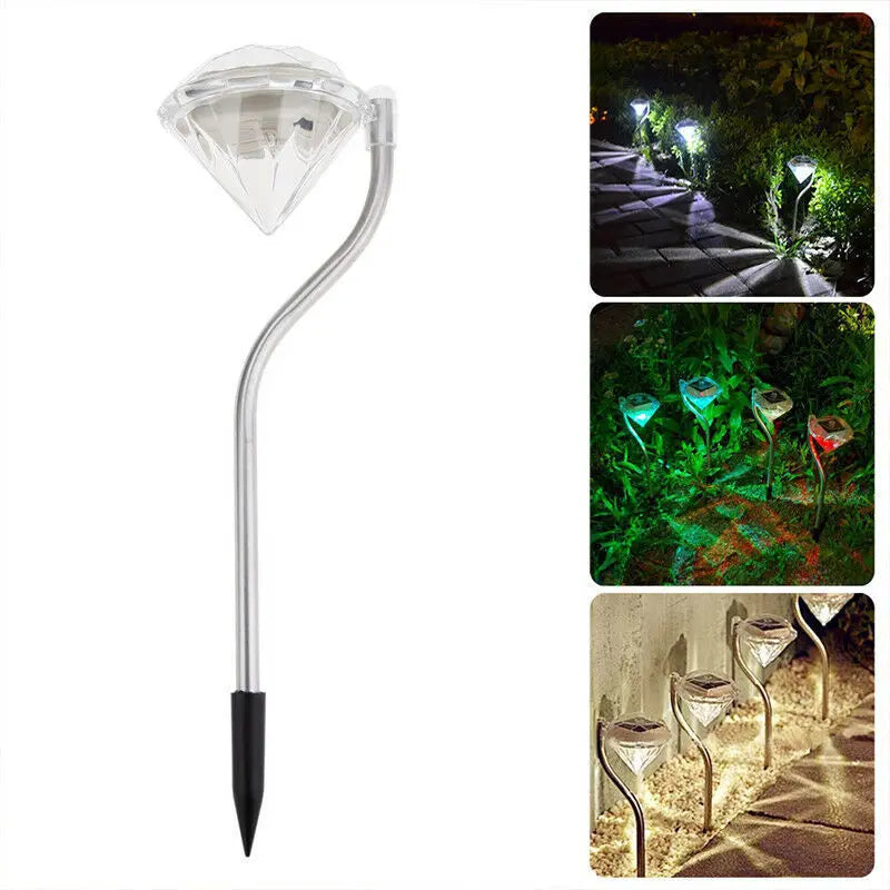 Solar-powered garden diamond light, available in white or multicolor, ideal for outdoor, yard, and fence decoration, IP55 waterproof, energy-efficient