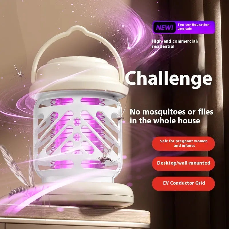 Mosquito zapper lamp with text highlighting features and benefits on a wooden surface.